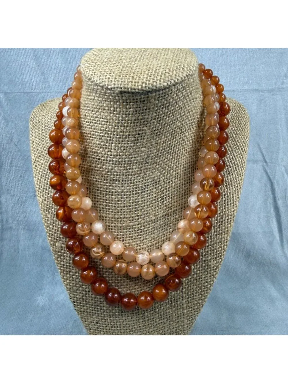 Orange Color Shades Beaded Multi-Layer Necklace Lobster Clasp Closure Vintage
